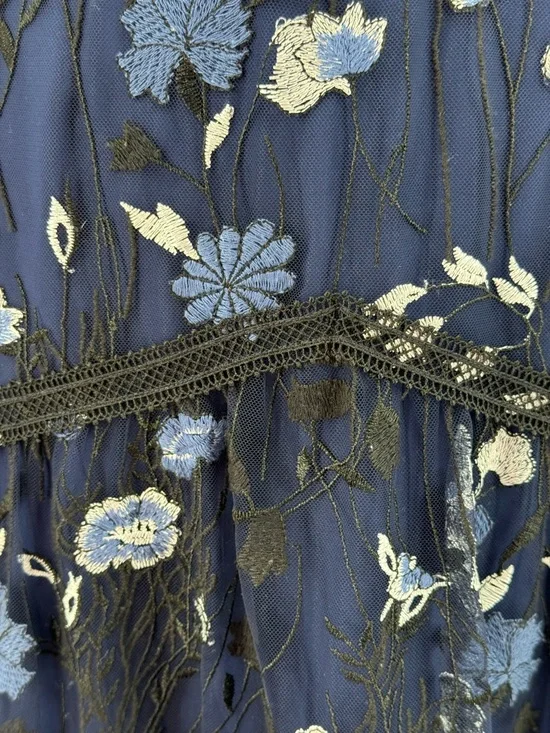 Monique Lhuillier Navy Blue Floral Embroidered Lace Midi Evening Cocktail Dress - Picture 8 of 16